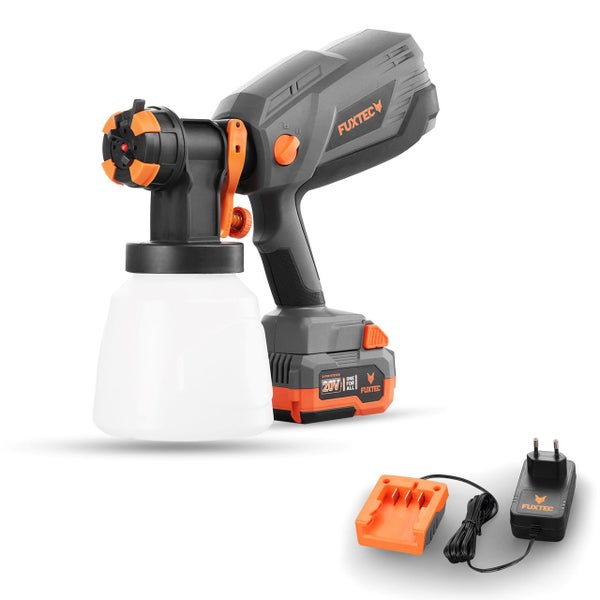 Fuxtec Akku-Farbsprühsystem mit 20 Volt Akku, Ladegerät und Farbbehälter.