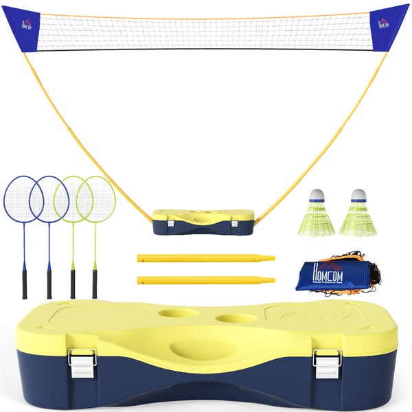 Mobiles Badminton-Set Homcom mit Netz, vier Schlägern, zwei Federbällen, Stangen und Transportkoffer.