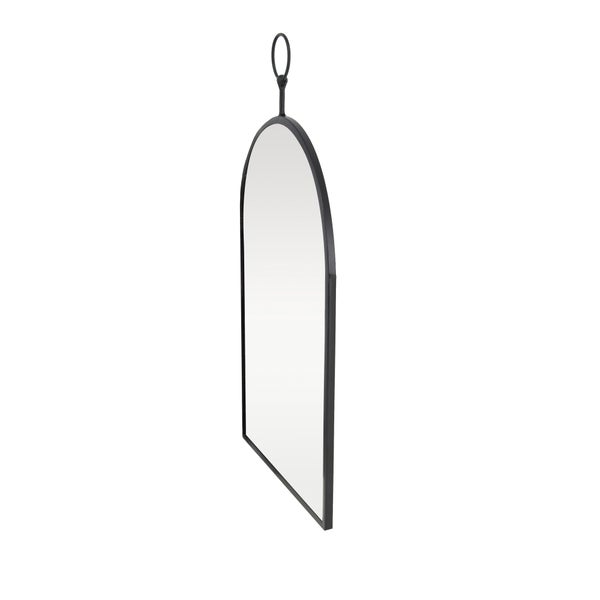 Bogenförmiger Wandspiegel mit schwarzem Metallrahmen und dekorativer Aufhängeschlaufe in der Seitenansicht.