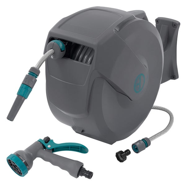 ECD Germany Schlauchaufroller 30m+2m, Schlauchtrommel, Wand-Schlauchbox RollUp mit Arretierstop und 9 Sprühfunktionen, 180° Schwenkbar, Automatischer Wasser Gartenschlauch-Aufroller zur Wandmontage