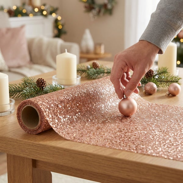 Eine Hand platziert eine Weihnachtskugel auf einem glitzernden Tischläufer auf einem Holztisch mit Kerzen und Tannenzweigen.