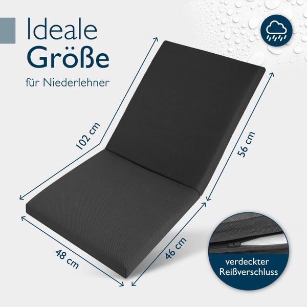 Auflage für Niedriglehner mit den Maßen 102 x 56 x 48 x 46 cm und verdecktem Reißverschluss.