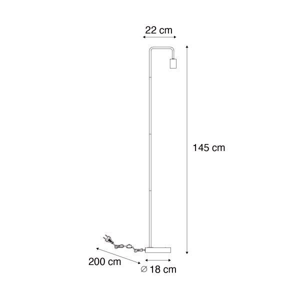 Skizze einer Stehlampe mit den Maßen 145 cm Höhe, 22 cm Ausladung, 18 cm Durchmesser des Lampenfußes und 200 cm Kabellänge.