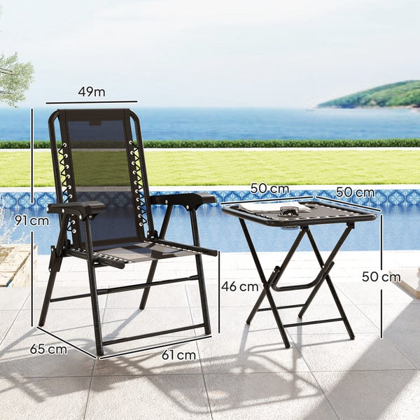 Klappbarer Gartenstuhl und Beistelltisch mit Maßangaben. Stuhl: 91 Zentimeter hoch, 61 Zentimeter breit. Tisch: 50 mal 50 mal 50 Zentimeter.