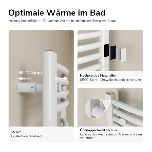 Badheizkörper-Details: Einstellbarer Wandabstand von 98 bis 113 Millimeter, SPCC-Stahl mit Schutzbeschichtung und sichere Überlappschweißtechnik.