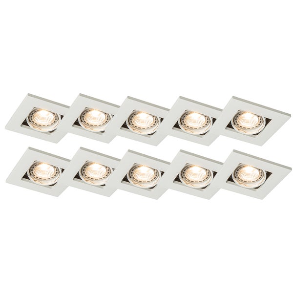 Set mit 10 Stück quadratischen Einbaustrahlern in Weiß mit warmweißem Licht.