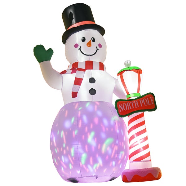 Aufblasbarer Schneemann mit Zylinder, Schal und Handschuhen, hält ein Nordpol-Schild, mit bunter Innenbeleuchtung.