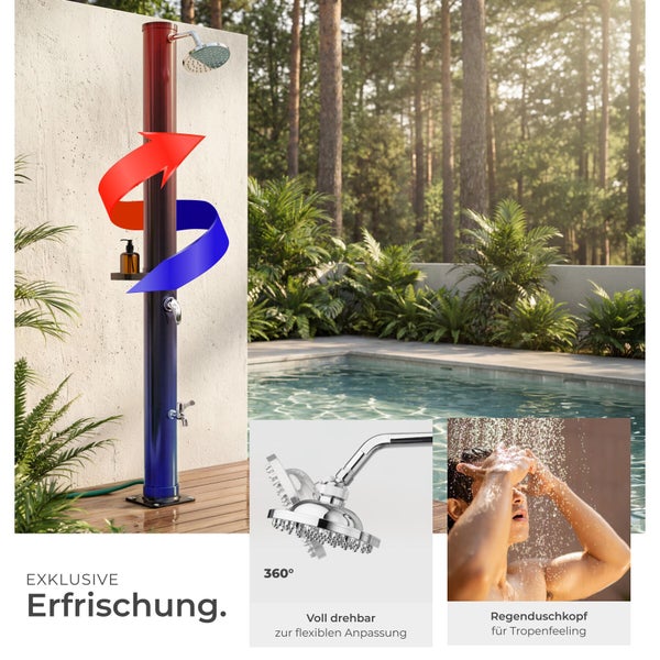 Gartendusche mit Regenduschkopf, Ablage und drehbarem Duschkopf vor einem Pool in einer Waldlandschaft.