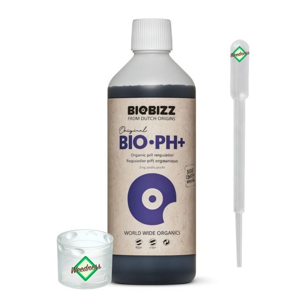 BioBizz Bio PH Plus organischer pH-Regulator mit Pipette und Weedness Logo Messbecher.