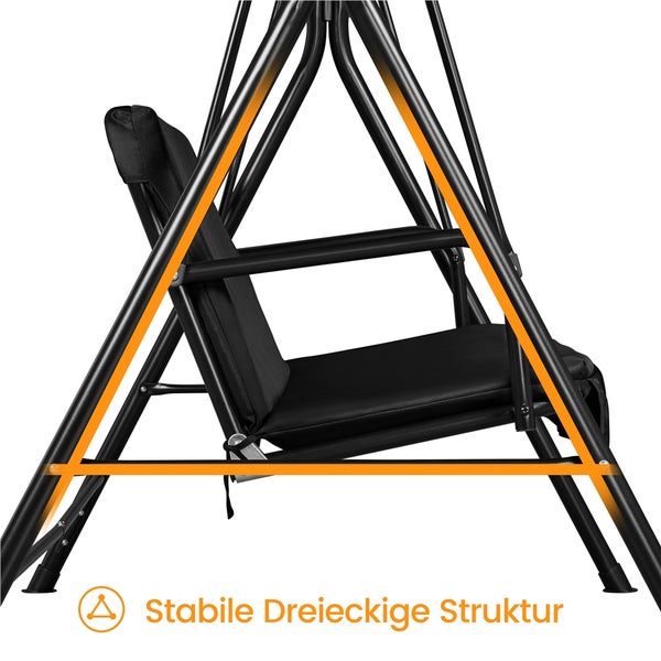 Detail einer Gartenschaukel mit stabiler dreieckiger Metallstruktur und gepolstertem Sitz.