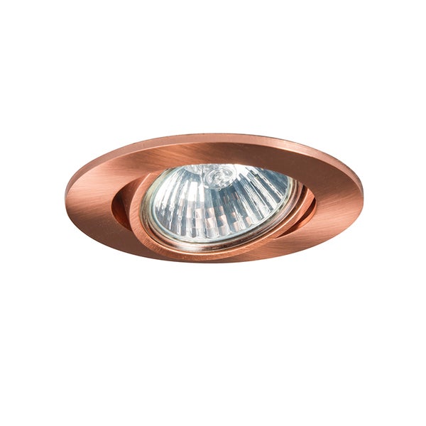 Schwenkbarer Einbaustrahler aus Metall in gebürsteter Kupfer-Optik mit rundem Rahmen.