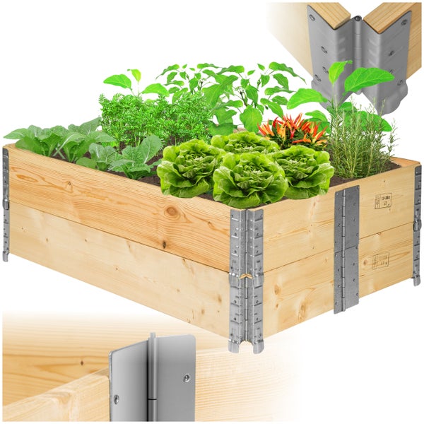 Hochbeet aus Holz mit Gemüsepflanzen und Eckverbindungen aus Metall