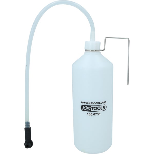 Bremsenentlüfter Flasche mit Schlauch für den Bremsflüssigkeitswechsel am Auto.