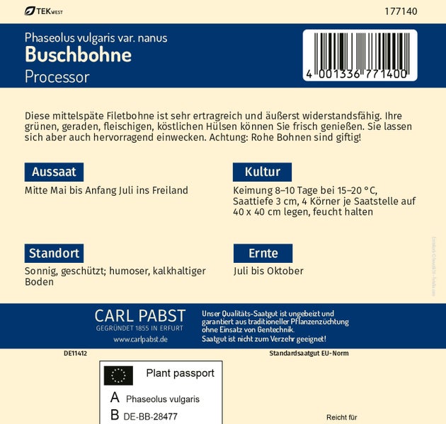 Rückseite der Saatgutpackung für Buschbohne Processor mit Anbauhinweisen, Carl Pabst Logo und Pflanzenpass.