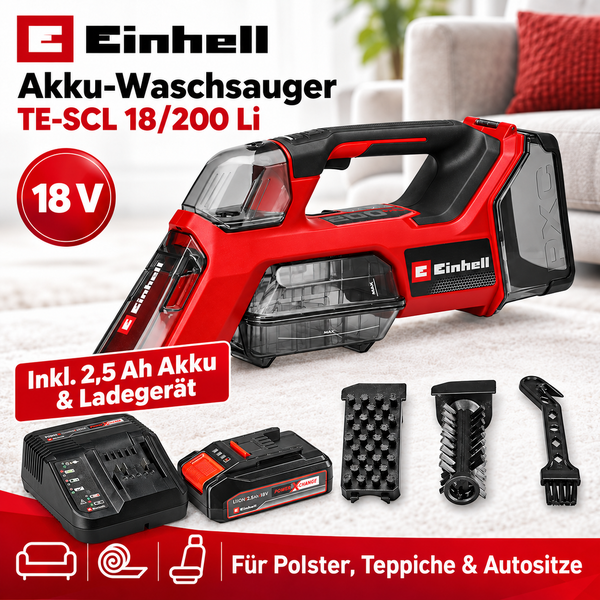 Einhell Akku Waschsauger TE SCL 18 200 Li mit 18 Volt inklusive 2,5 Amperestunden Akku und Ladegerät für Polster, Teppiche und Autositze
