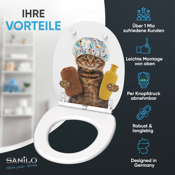 Sanilo WC-Sitz mit Katzen-Motiv. Montage von oben, per Knopfdruck abnehmbar, robust, langlebig, über 1 Million Kunden, Design aus Deutschland. Sanilo Logo.