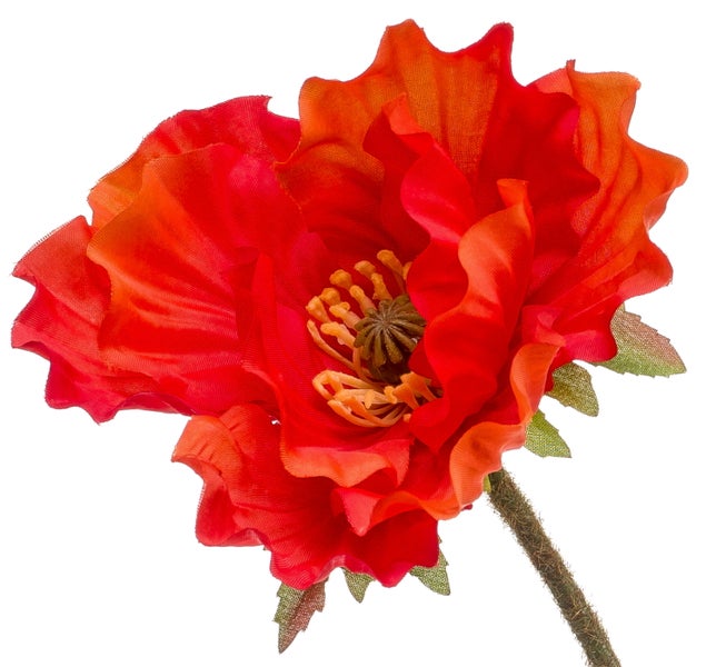 Künstliche Mohnblüte aus Textilmaterial mit roter Blüte und strukturiertem Stiel.