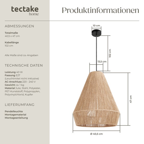 Produktinformationen zur Pendelleuchte mit Jute, Stahl, Polyester und Kupfer