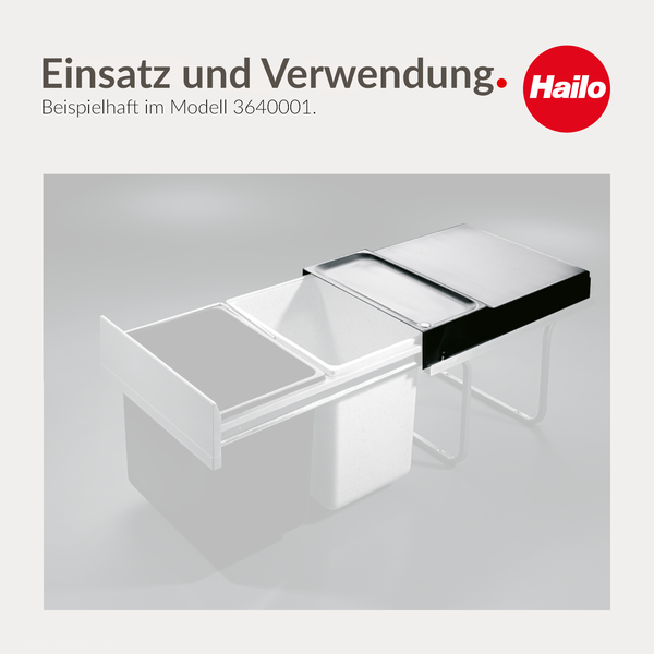 Hailo Logo. Einbaumülleimer mit Auszugsystem und mehreren Kunststoffbehältern zur Mülltrennung.