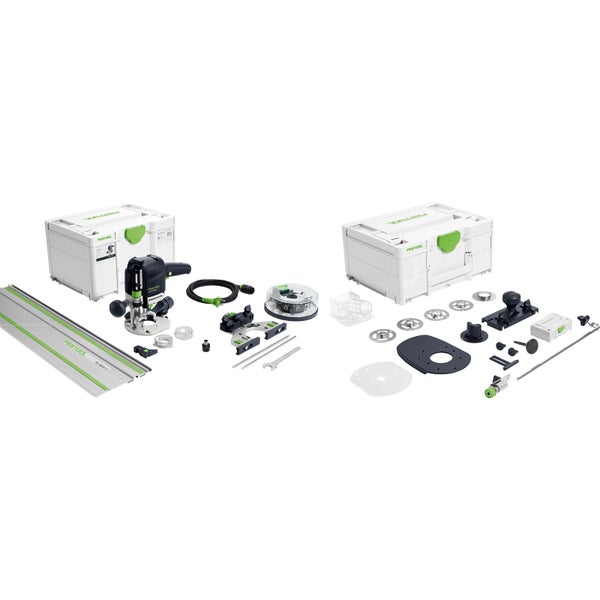 Festool Oberfräse OF 1010 REBQ-Plus-FS Set mit Führungsschiene, zwei Systainern und Zubehör wie Seitenanschlag und Kopierringen.