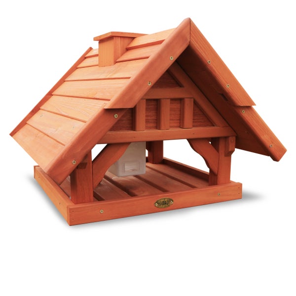 Vogelhaus aus Holz mit Dach und Futterspender