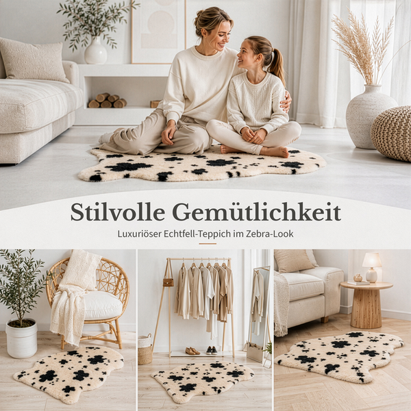 Echtfell-Teppich im Zebra-Look mit unregelmäßiger Form in hellen, modern eingerichteten Wohnräumen wie Wohnzimmer und Ankleidezimmer.