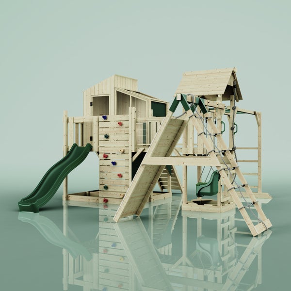 Holzspielplatz mit Rutsche, Kletterwand und Schaukel