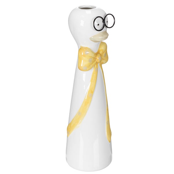 Dekorative Blumenvase in Form einer Ente mit Brille und Schleife
