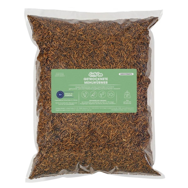 4 Kilogramm Beutel getrocknete Mehlwürmer als Tierfutter für Hühner, Vögel und weitere Tiere.