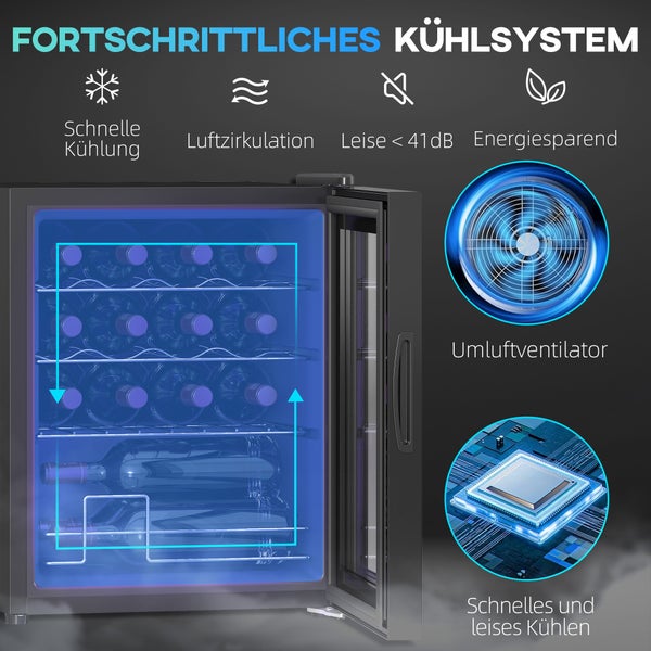 Weinkühlschrank mit fortschrittlichem Kühlsystem, schneller Kühlung, Luftzirkulation, leisem Betrieb unter 41 Dezibel und Umluftventilator.
