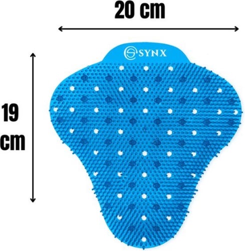 Blauer Urinal-Sieb mit den Maßen 20 mal 19 Zentimeter