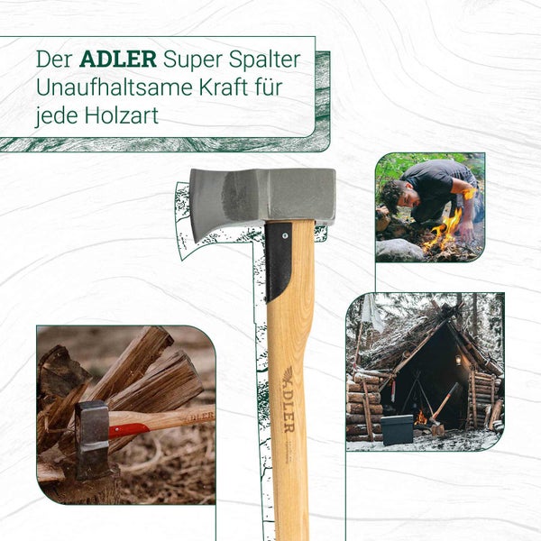 ADLER Super Spalter Axt mit Holzstiel, geeignet zum Spalten von Brennholz in Waldumgebungen.