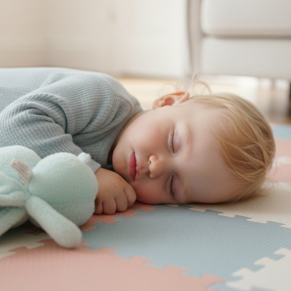Schlafendes Baby auf einer Puzzlematte aus Schaumstoff im Kinderzimmer neben einem Stofftier.