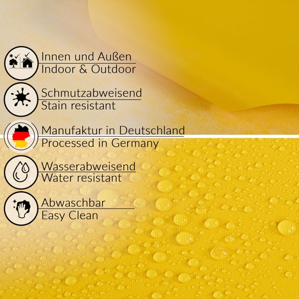 Eigenschaften: Innen- und Außenbereich, schmutzabweisend, hergestellt in Deutschland, wasserabweisend, leicht zu reinigen