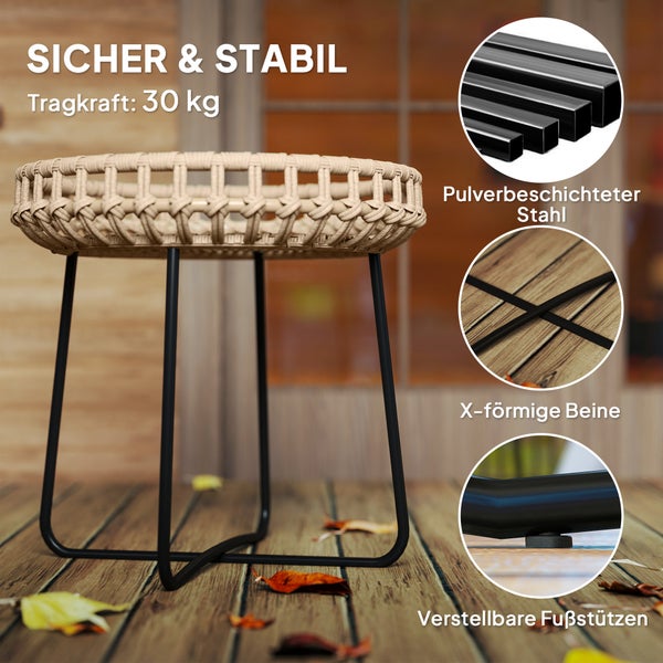 Outsunny 2er Set Beistelltisch Polyrattan Ø60/41 cm rund wetterfest Gartentisch mit X-Beine Verstellbare Fußpads Outdoor Balkontisch Couchtisch Gartenmöbel für Garten, Balkon Braun