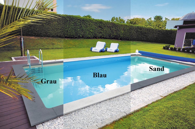 Eingelassener Gartenpool mit drei verschiedenen Folienfarben Grau, Blau und Sand, inklusive Poolleiter und Beckenrandsteinen.