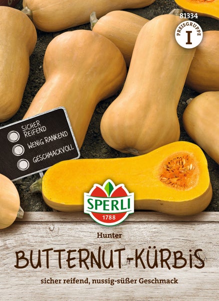 Samenpaket Butternusskürbis Hunter von Sperli für sicher reifende Pflanzen mit nussig süßem Geschmack.