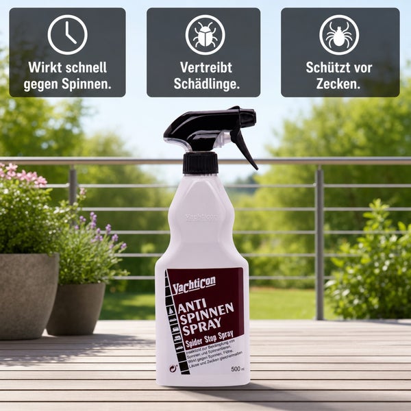 Yachticon Anti Spinnenspray mit Sprühkopf, 500 Milliliter, wirksam gegen Spinnen, Insekten und Zecken im Außenbereich.