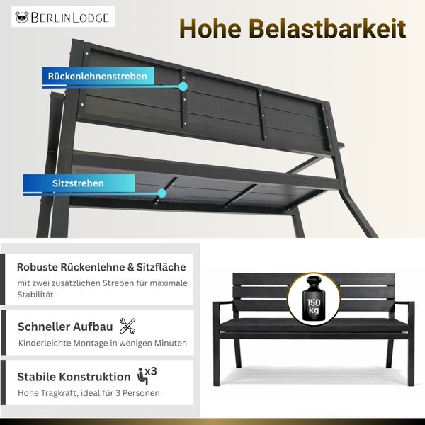 BerlinLodge Gartenbank, 150 Kilogramm Belastbarkeit, 3 Personen, schneller Aufbau, stabile Konstruktion mit extra Rückenlehnen- und Sitzstreben.