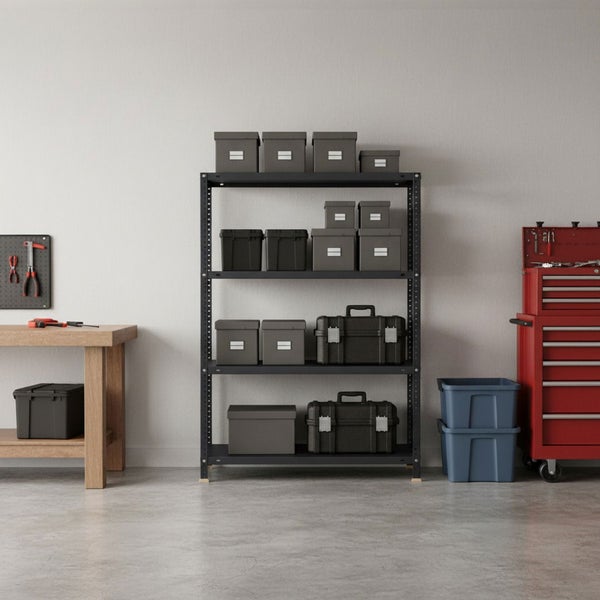 Strukturierte Werkstatt mit schwarzem Metall-Schwerlastregal, Lagerboxen, Werkzeugkoffern, Holzwerkbank und rotem Werkstattwagen.