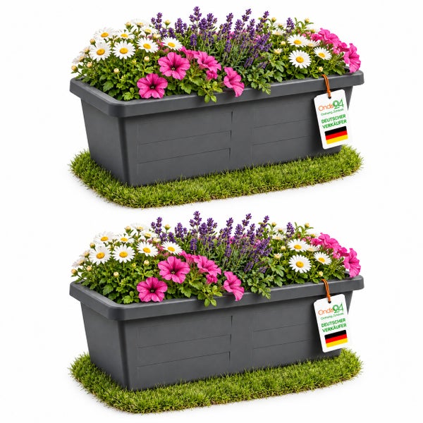 Zwei rechteckige Blumenkasten aus Kunststoff bepflanzt mit bunten Blumen und Lavendel inklusive Produktanhänger Ondis 24