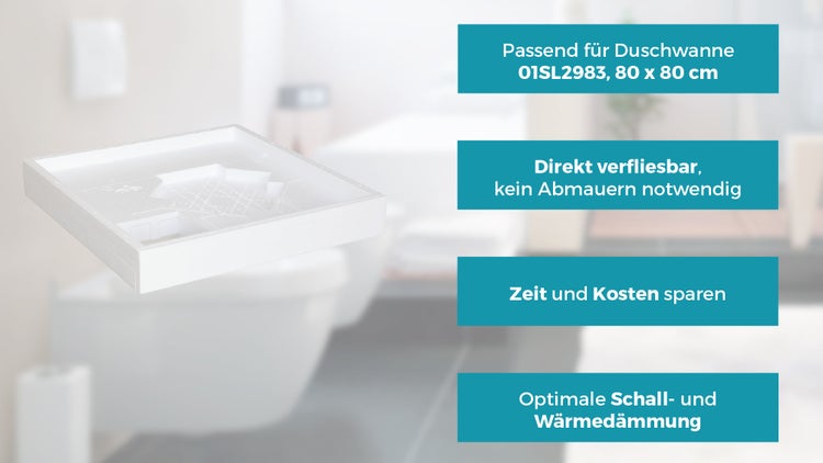 Calmwaters® Duschwannenträger 80x80 cm Modern Select, Passend für Quadrat-Duschwanne 80 x 80 x 2,5 cm, Styropor-Wannenträger, Schall- und wärmedämmend, Direkt verfliesbar, Weiß, 03AX3004