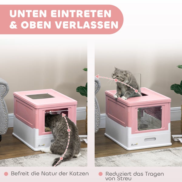 PawHut Katzentoilette Katzenklo mit Deckel Katzenhaus mit Bodenschale und Schaufel Desodorierungsbox Kunststoff Weiß+Rosa 47,5 x 35,5 x 36,7 cm