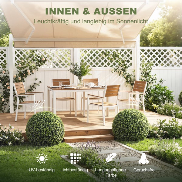 Möblierte Holzterrasse mit Esstisch und Stühlen unter Markise in einem sonnigen Garten. Ultraviolett-beständig, lichtbeständig und geruchsfrei.