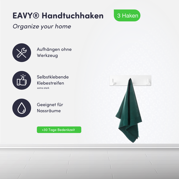 Weiße EAVY Handtuchhaken Leiste mit drei Haken und Handtuch, selbstklebend ohne Werkzeug, für Nassräume, plus dreißig Tage Bedenkzeit.