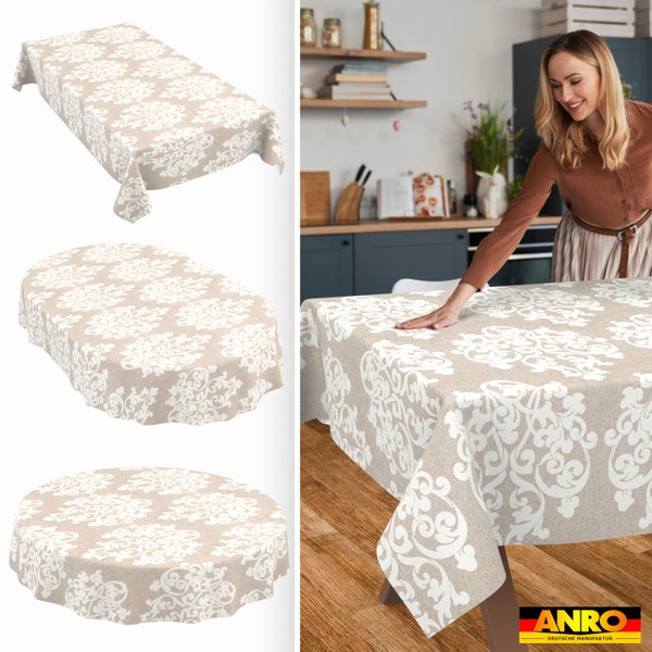 Tischdecke mit Damastmuster in rechteckig, oval und rund sowie eine Frau, die sie auf einen Holztisch legt. ANRO Logo.