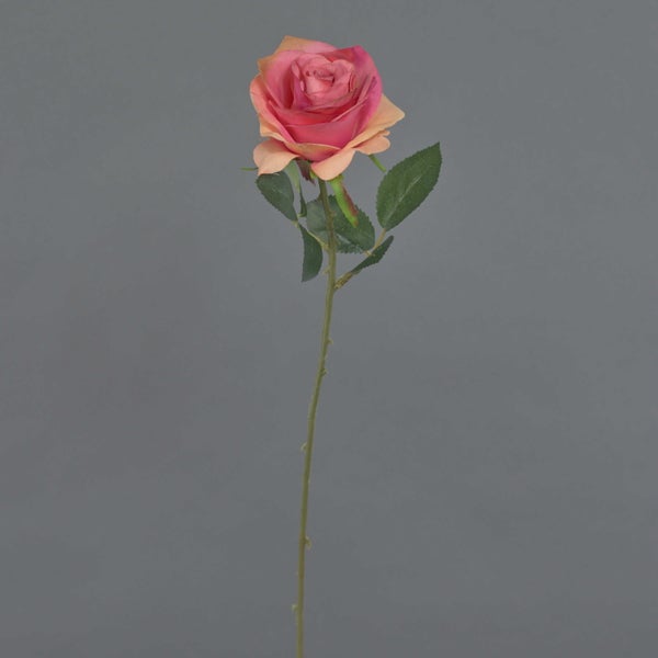 Künstliche Rose mit grünem Stiel und Blättern sowie einer pinkfarbenen Blüte für die Dekoration.