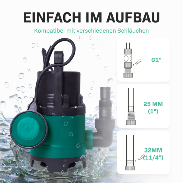 Tauchpumpe mit Schwimmerschalter und Anschlussmöglichkeiten für Schläuche der Größen G1 Zoll, 25 Millimeter und 32 Millimeter.