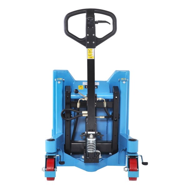 Hubwagen in Blau mit schwarzem Griff und roten Rollen