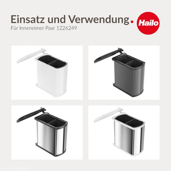 Hailo Logo. Anwendung von Inneneimer-Paar 1226249 in vier verschiedenen Abfalleimer-Modellen zur Mülltrennung.